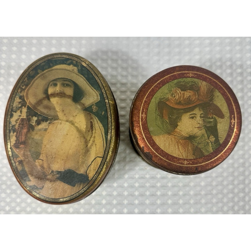 Vintage Coca-Cola Round & Oval Tin Set 4" Art Deco Ladies Delicious Refreshing